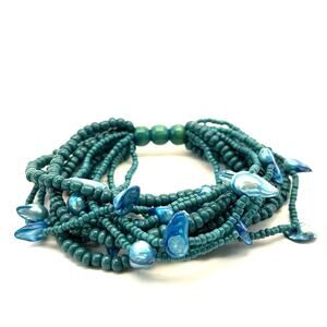 Vintage Stretch Bracelet Blue Turquoise Small Chip Mother of Pearl Wide B#8